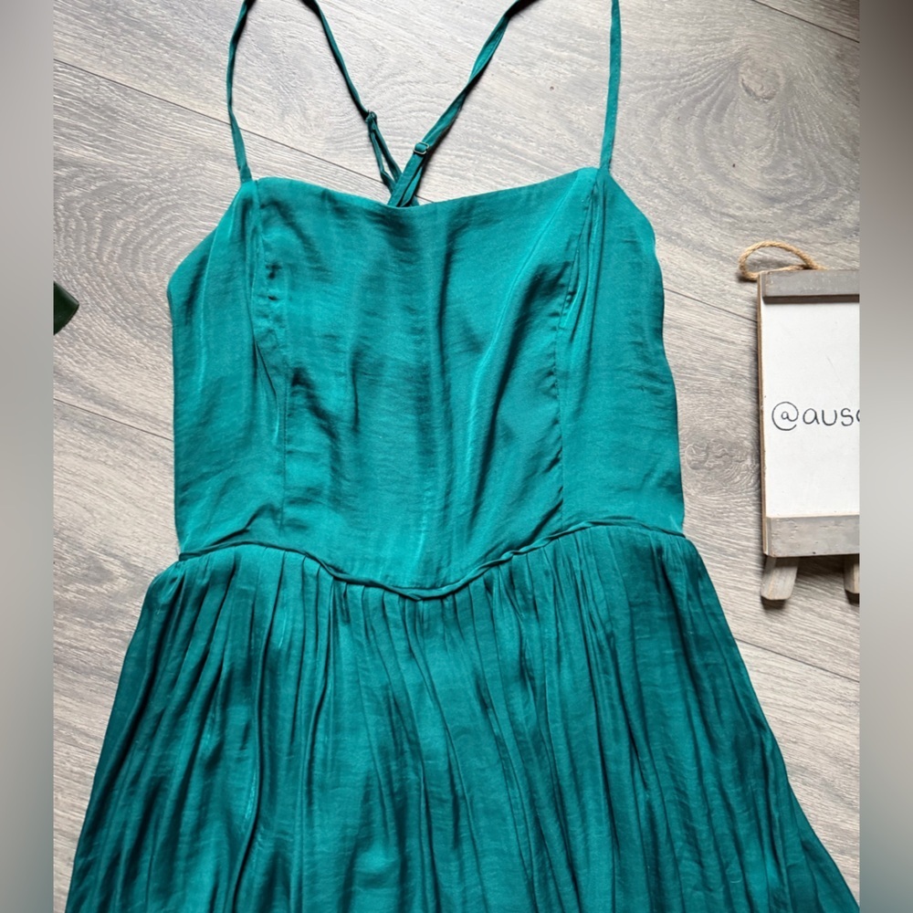 Urban Outfitters Morning Light Strappy Pleated Midi Dress Teal Green Satin Sz M - Picture 7 of 15